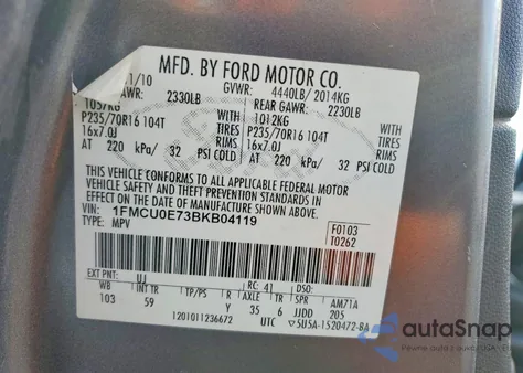 2011 Ford Escape Limited z USA, uszkodzony, nr VIN 1FMCU0E73BKB04119